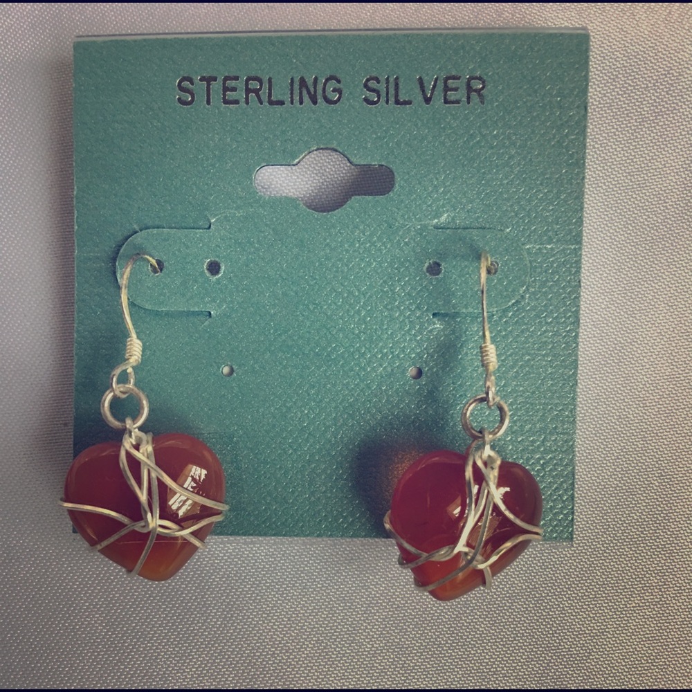 Sterling Wire Wrap Carnelian Heart Earrings